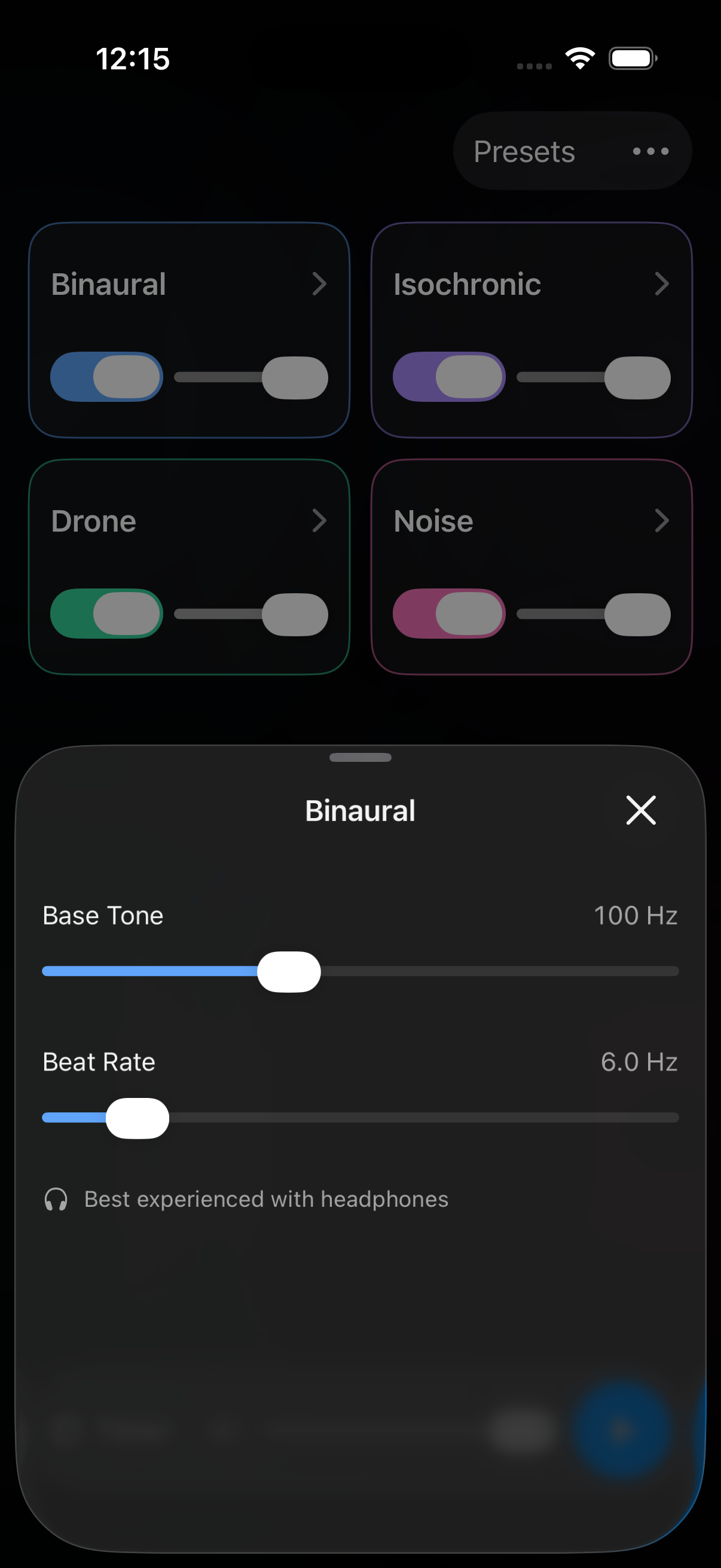 Soundwell Studio binaural beats editor with base tone and beat rate controls
