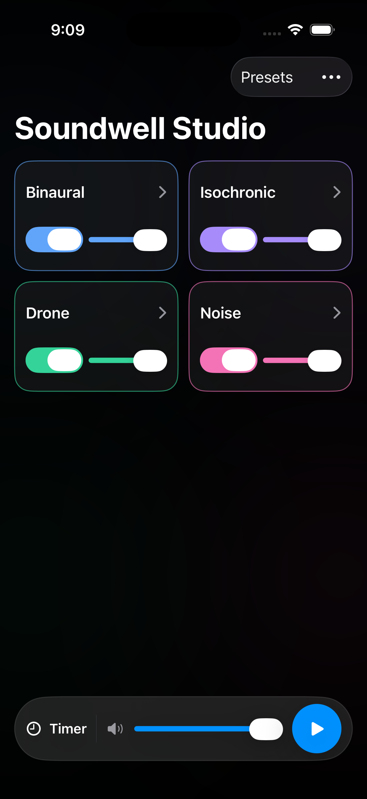 Soundwell Studio home showing enabled sound cards and the transport