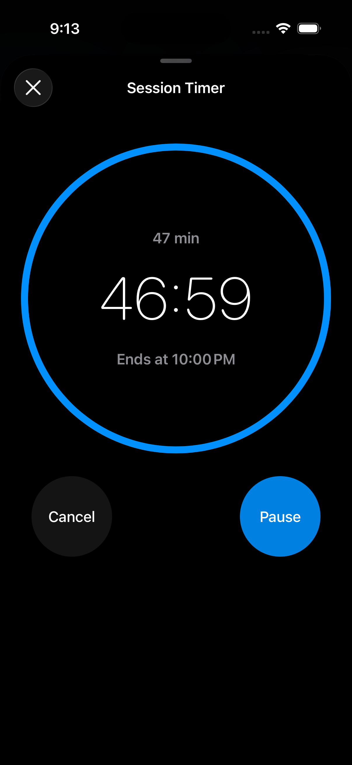 Soundwell Studio active session timer counting down with a progress ring